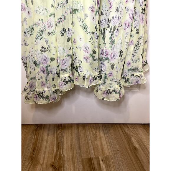 Mac Duggal Green Floral Chiffon Tiered Ruffle Puff Sleeve Gown Size 4 - Picture 8 of 10